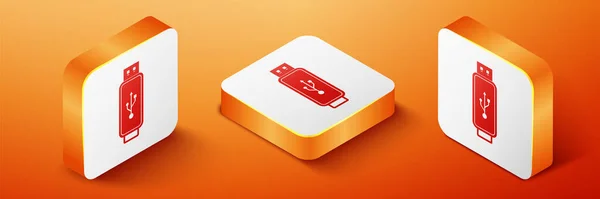 Icono Unidad Flash Usb Isométrico Aislado Fondo Naranja Botón Cuadrado — Archivo Imágenes Vectoriales