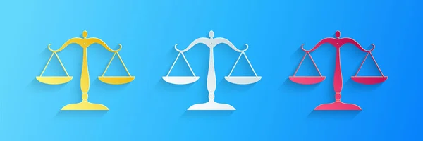 Paper Cut Scales Justice Icon Isolated Blue Background Court Law — Stock Vector