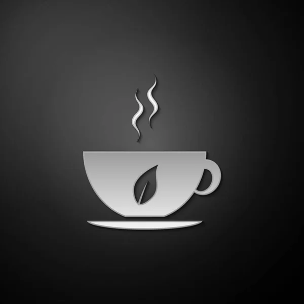 银杯茶和叶子图标孤立在黑色背景上 长影子风格 — 图库矢量图片