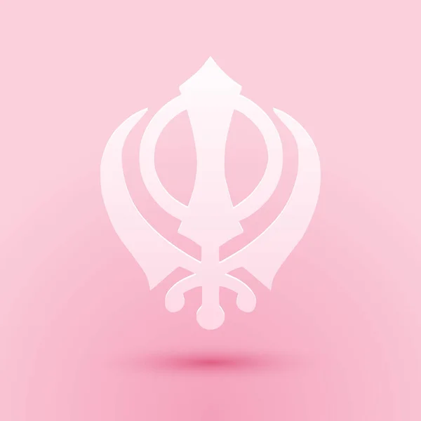 Paper Cut Sikhism Religion Khanda Symbol Icon Isolated Pink Background — Stock Vector