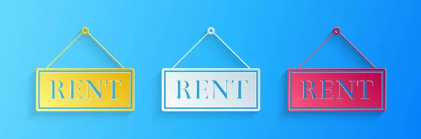 Paper Cut Hanging Sign Text Rent Icon Isolated Blue Background — Stock Vector