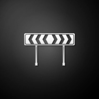Gümüş Güvenlik barikatı simgesi siyah arka planda izole edildi. Trafik levhası yolu. Yol kapatma işareti. Uzun gölge tarzı. Vektör.