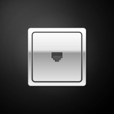 Gümüş ethernet soketi işareti. Ağ portu - kablo soket simgesi siyah arkaplanda izole edildi. LAN port simgesi. Yerel alan bağlantı simgesi. Uzun gölge tarzı. Vektör.