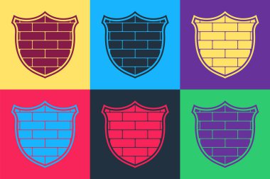 Siber güvenlik duvarı simgesine sahip Pop Art Shield renkli arka planda izole edilmiş. Veri koruma sembolü. Güvenlik duvarı logosu. Ağ koruması. Vektör.