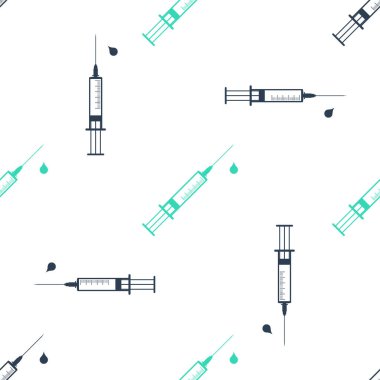 Green Medical syringe with needle and drop icon isolated seamless pattern on white background. Syringe sign for vaccine, vaccination, injection, flu shot.  Vector.