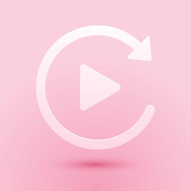 Kağıt kesme Video çalma düğmesi, pembe arkaplanda izole edilmiş basit bir yeniden oynatma simgesi gibi. Kağıt sanatı tarzı. Vektör.
