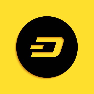 Siyah kripto para birimi Dash simgesi sarı arka planda izole edildi. Madeni para. Dijital para birimi. Engelleme zinciri tabanlı şifreli para birimi. Uzun gölge tarzı. Vektör.