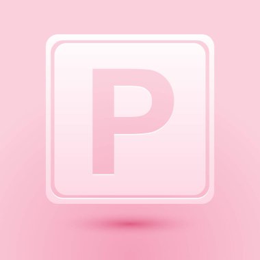 Kağıt kesiği, pembe arka planda izole edilmiş park yeri simgesi. Sokak tabelası. Kağıt sanatı tarzı. Vektör.