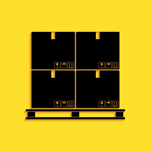 Cajas Cartón Negro Icono Plataforma Aislado Sobre Fondo Amarillo Caja — Archivo Imágenes Vectoriales