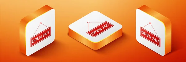 Isometric Hanging Sign Text Open Hours Icon Isolated Orange Background — Vettoriale Stock