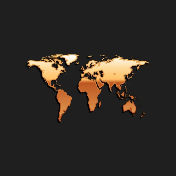 Ícone Mapa Mundo Dourado Isolado Fundo Preto Estilo Sombra Longo — Vetor de Stock