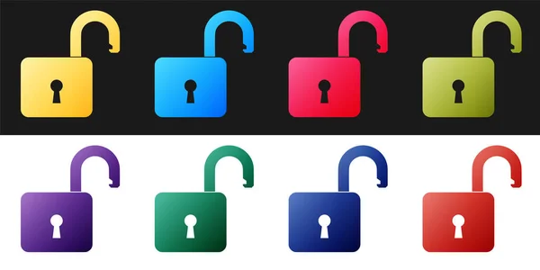 黒と白の背景に隔離されたオープン南京錠アイコンを設定します 鍵が開いてる サイバーセキュリティの概念 デジタルデータ保護 安全性 ベクトル — ストックベクタ