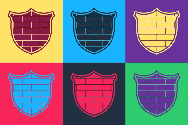 Pop Art Shield Met Cyber Security Baksteen Muur Pictogram Geïsoleerd — Stockvector