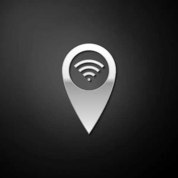 Siyah Arkaplanda Kablosuz Internet Sinyal Ikonuna Sahip Gümüş Işaret Haritası — Stok Vektör