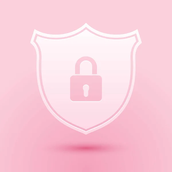 Paper Cut Shield Security Mit Schloss Symbol Isoliert Auf Rosa — Stockvektor