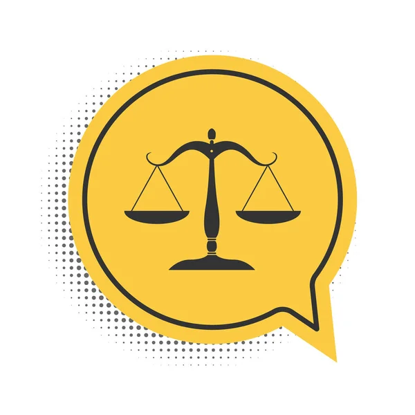 Musta Oikeusasteikko Valkoisella Pohjalla Tuomioistuimen Symboli Tasapainomerkki Keltainen Puhekuplan Symboli — vektorikuva