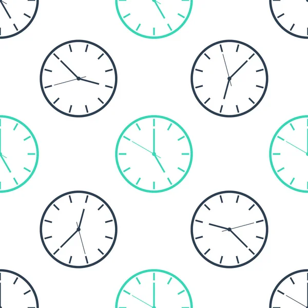 緑色の時計アイコンは 白の背景にシームレスなパターンを分離した 時間の象徴だ ベクトル — ストックベクタ