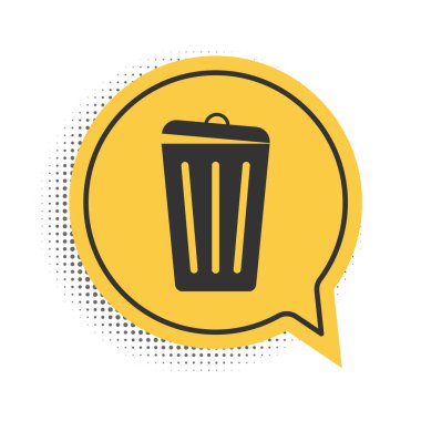 Siyah Çöp Kutusu simgesi beyaz arkaplanda izole edildi. Çöp kutusu tabelası. Sepet simgesini geri dönüştür. Ofis çöpü ikonu. Sarı konuşma balonu sembolü. Vektör.