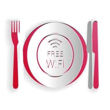 Kağıt kesimi Restoran Ücretsiz Wi-Fi alan simgesi beyaz arkaplanda izole edildi. Tabak, çatal ve bıçak işareti. Kağıt sanatı tarzı. Vektör.