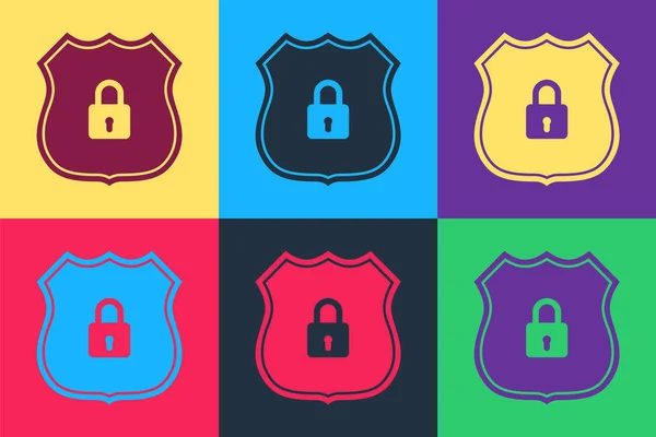 Ασφάλεια Pop Art Shield Εικονίδιο Κλειδώματος Απομονωμένο Φόντο Χρώματος Προστασία — Διανυσματικό Αρχείο