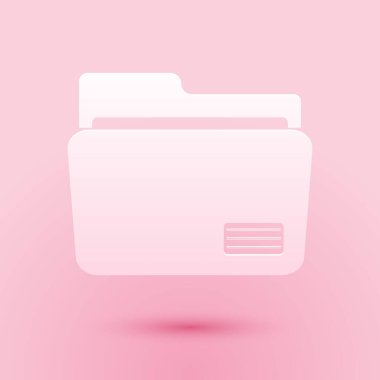 Pembe arkaplanda kağıt kesiği dosya simgesi izole edildi. Muhasebe klasörü sembolü. Muhasebe yönetimi. Kağıt sanatı tarzı. Vektör.