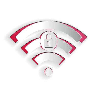Kağıt kesiği Wifi kilit simgesi beyaz arkaplanda izole edildi. Şifre kablosuz ağ sembolü. Kablosuz ağ simgesi. Karı bölgesi. Kağıt sanatı tarzı. Vektör.