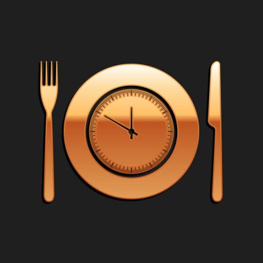 Siyah zemin üzerinde saat, çatal ve bıçak ikonu olan altın plaka. Öğle yemeği vakti. Yeme, beslenme düzeni, yemek zamanı ve diyet konsepti. Uzun gölge tarzı. Vektör.