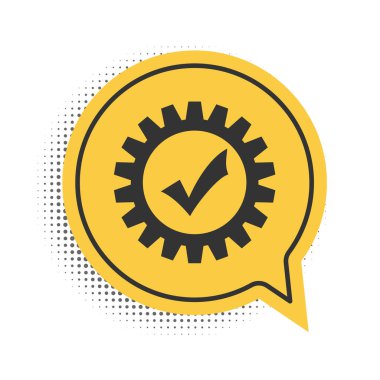 Beyaz arkaplanda işaretleme simgesine sahip Kara Dişli. Çarklı basit bir simge. Onaylanmış servis işareti. Aktarım Döndürme Mekanizması sembolü. Sarı konuşma balonu sembolü. Vektör.