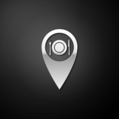 Lokanta, çatal, tabak, çatal ve siyah arka planda izole edilmiş bıçak ikonu içeren gümüş harita işaretleyicisi. Uzun gölge tarzı. Vektör.