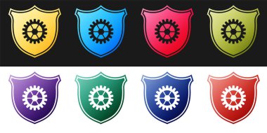 Kalkanı siyah beyaz arkaplanda izole edilmiş dişli simgesi ile ayarla. Vektör.