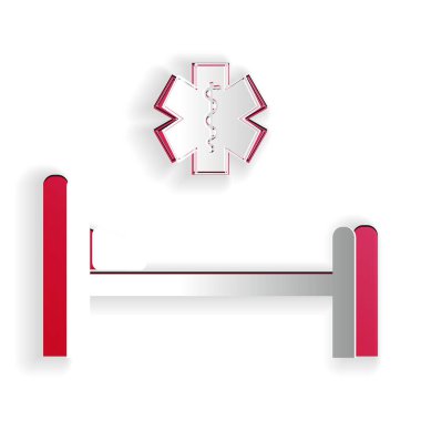 Kağıt kesiği Hastane Yatağı, beyaz arka planda izole edilmiş Yaşam Yıldızı simgesinin tıbbi sembolü. Düz dizayn. Kağıt sanatı tarzı. Vektör.