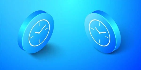 在蓝色背景上隔离的等距时钟图标 时间的象征 蓝色圆环按钮 — 图库矢量图片