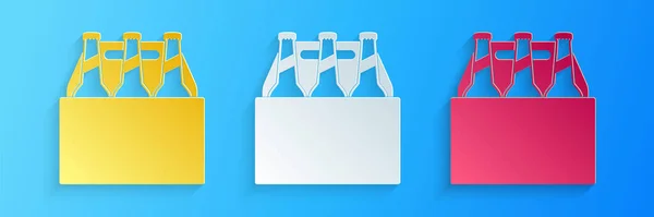 Бумага Вырезать Пакет Пивных Бутылок Значок Изолирован Синем Фоне Вывеска — стоковый вектор