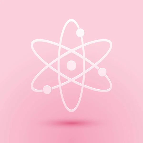 Папір Вирізає Піктограму Atom Ізольовано Рожевому Фоні Символ Науки Освіти — стоковий вектор
