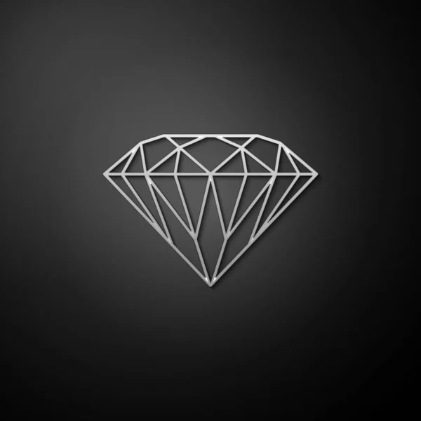Gümüş Elmas simgesi siyah arkaplanda izole edildi. Mücevher sembolü. Mücevher taşı. Uzun gölge tarzı. Vektör.