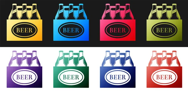 设置包装的啤酒瓶图标隔离在黑白背景 盒装啤酒盒标志 — 图库矢量图片