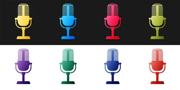 Set Microphone Icon Isolated Black White Background Air Radio Mic — Stock Vector