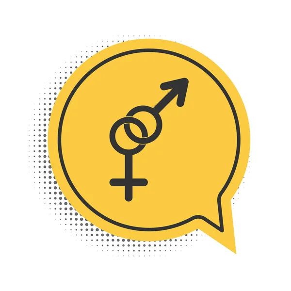 白の背景に黒の性別アイコンが隔離されています 男性と女性のシンボル セックスシンボル 黄色のスピーチバブルシンボル ベクトル — ストックベクタ