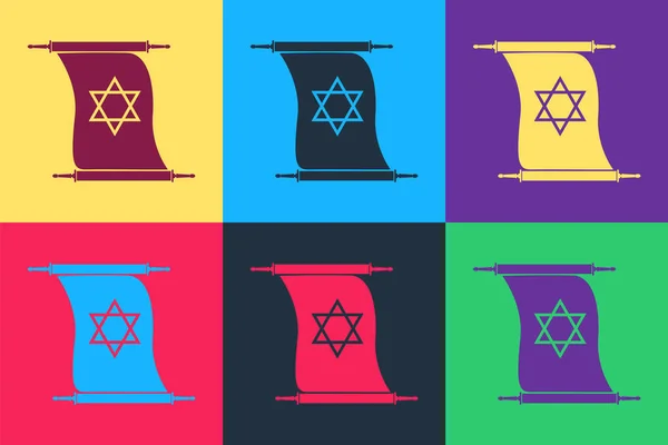 Pop Art Icona Scorrimento Torah Isolato Sfondo Colori Torah Ebraica — Vettoriale Stock