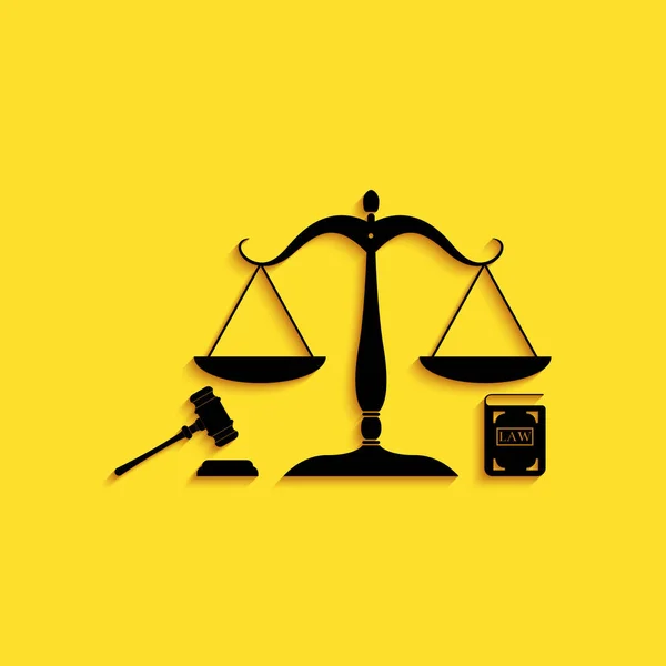 Black Scales Justice Gavel Book Icon Isolated Yellow Background Symbol — Stock Vector