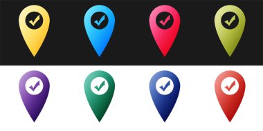 Harita işaretleyicisini siyah ve beyaz arkaplanda izole edilmiş işaretleme simgesi ile ayarla. İşaretli yer işareti. Kene sembolü. Konum haritaları için. Navigasyon için imzala. Vektör.