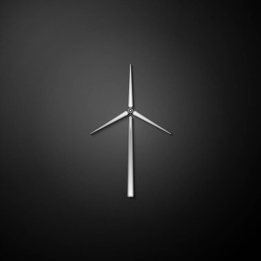 Gümüş Rüzgâr türbini simgesi siyah arkaplanda izole edildi. Rüzgar jeneratörü işareti. Yel değirmeni silueti. Elektrik üretimi için yel değirmenleri. Uzun gölge tarzı. Vektör.