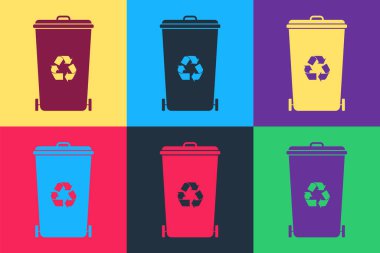 Renk arkaplanında izole edilmiş geri dönüşüm sembolü olan Pop Art Geri Dönüşüm kutusu. Çöp kutusu simgesi. Çöp kutusu tabelası. Sepet simgesini geri dönüştür. Vektör.