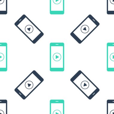 Ekran simgesinde çalma düğmesi olan yeşil akıllı telefon beyaz arkaplanda kusursuz desen izole etti. Vektör.