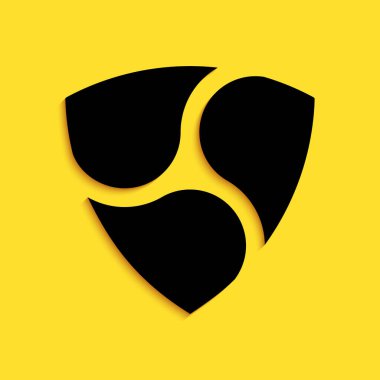 Siyah kripto para NEM XEM simgesi sarı arka planda izole edildi. Madeni para. Dijital para birimi. Engelleme zinciri tabanlı şifreli para birimi. Uzun gölge tarzı. Vektör.