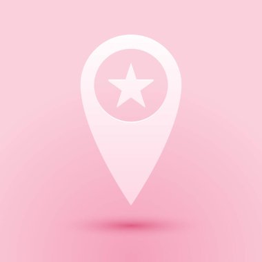 Kağıt kesikli harita işaretçisi ve pembe arkaplanda yıldız simgesi var. Yıldız favori iğne haritası simgesi. Harita işaretleyicileri. Kağıt sanatı tarzı. Vektör.