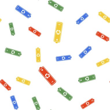 Geri dönüşüm sembolü simgesi olan renk pili beyaz arkaplanda izole edilmiş pürüzsüz desen. Geri dönüşüm sembollü pil - yenilenebilir enerji konsepti. Vektör.