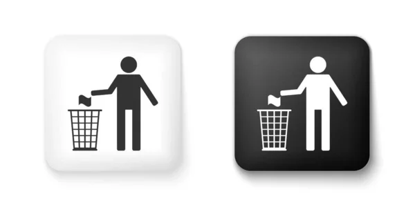 Black White Man Throwing Trash Dust Bin Icon Isolated White — Stock Vector