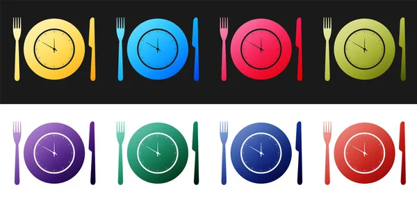 Set Plate Clock Fork Knife Icon Isolated Black White Background — Stock Vector