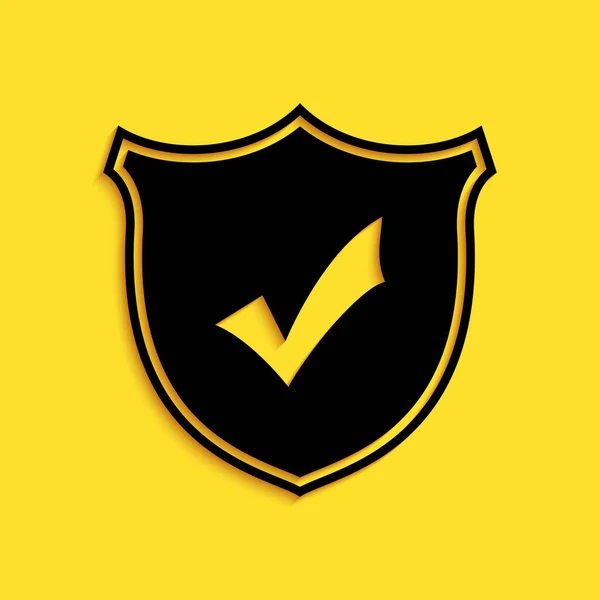 Escudo Negro Con Icono Marca Verificación Aislado Sobre Fondo Amarillo — Vector de stock